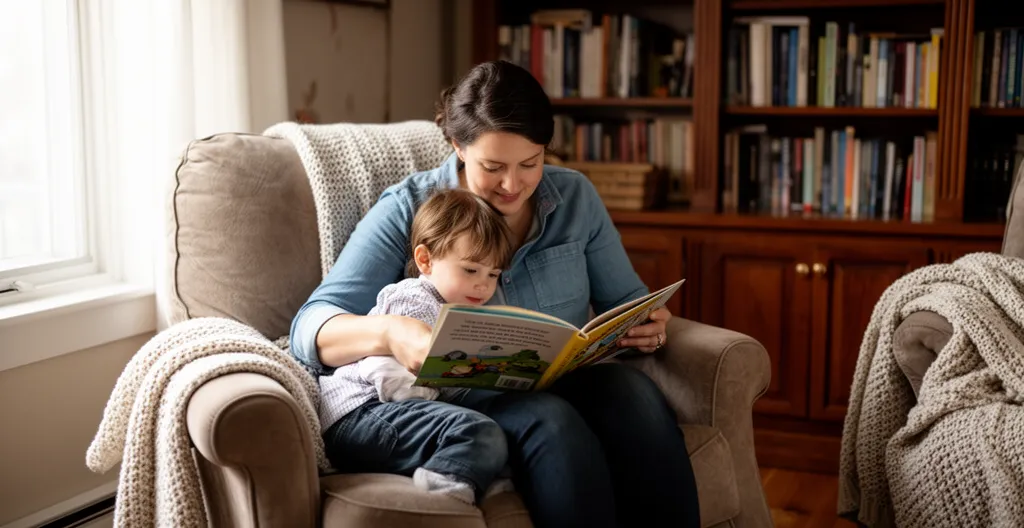 Parent lisant un livre à un enfant blotti contre lui dans un fauteuil