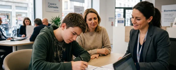 Adolescent de 16 ans signant des documents d'ouverture de compte bancaire face à un conseiller, accompagné de son parent en agence bancaire
