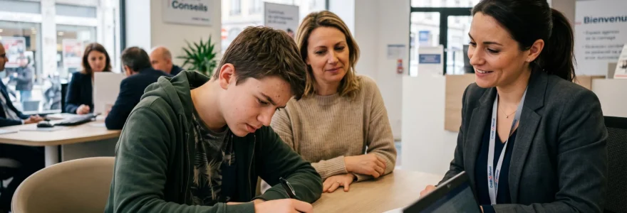 Adolescent de 16 ans signant des documents d'ouverture de compte bancaire face à un conseiller, accompagné de son parent en agence bancaire
