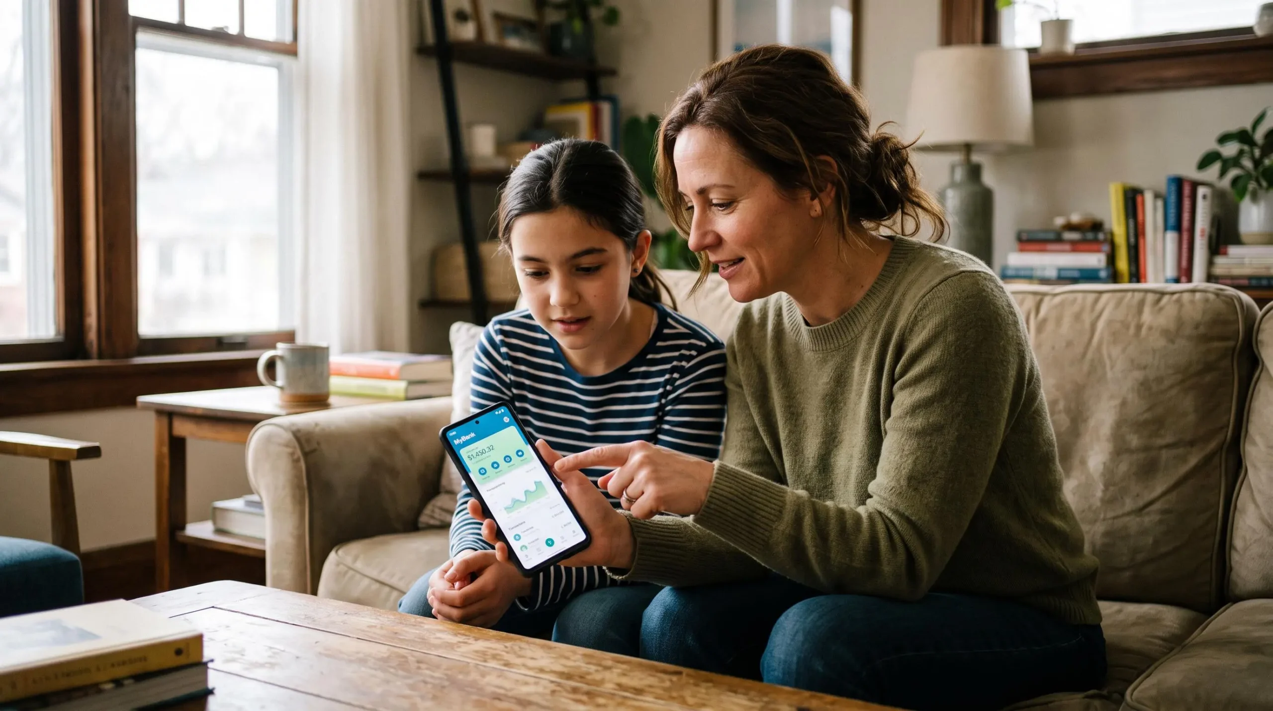 Parent et enfant de 12 ans consultant ensemble une application bancaire sur smartphone à domicile