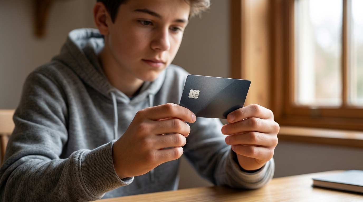 Gros plan sur les mains d'un adolescent tenant sa première carte bancaire