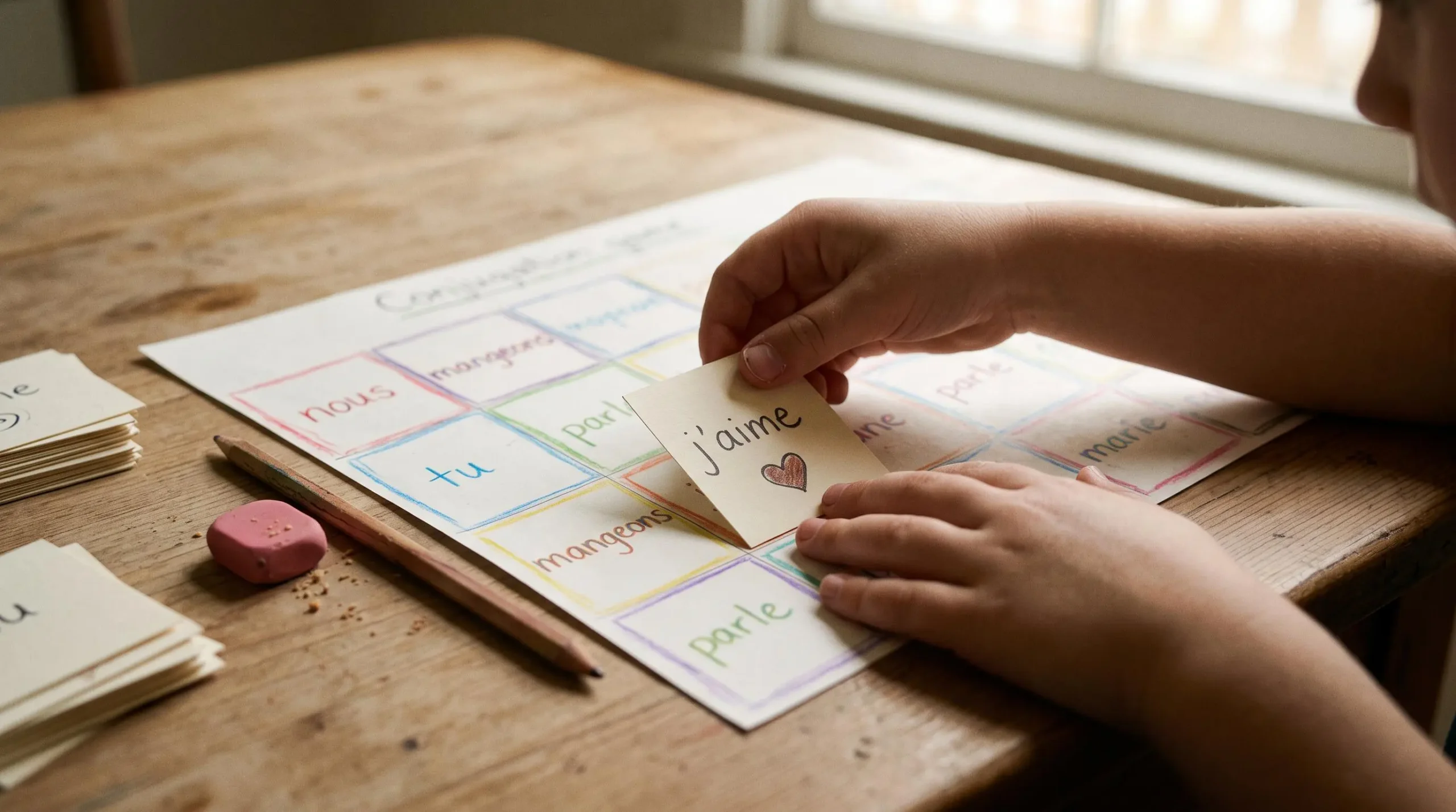 Les mains d'un enfant posent une carte de conjugaison sur un plateau de jeu dessiné.