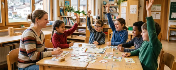Une enseignante joue à un jeu de cartes de vocabulaire français avec des enfants en classe.