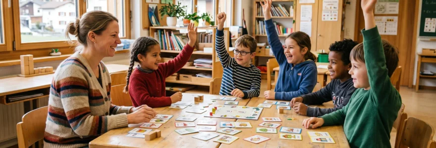 Une enseignante joue à un jeu de cartes de vocabulaire français avec des enfants en classe.