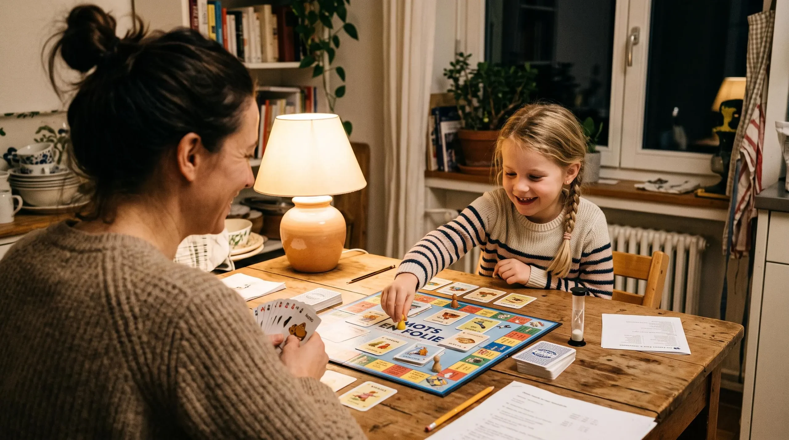 Un parent et un enfant jouent à un jeu de mots français à la table de la cuisine.